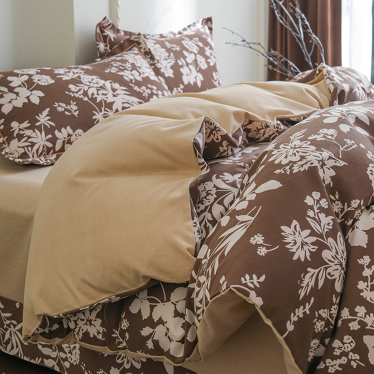 91家纺网 家纺一手货源 找家纺 慕绸家纺（原萌宝老粗布厂家） 2025秋冬新款加厚纯棉磨毛印花四件套 枝缦