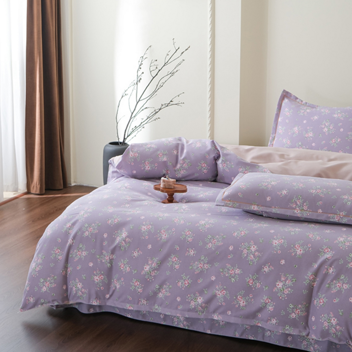 91家纺网 家纺一手货源 找家纺 慕绸家纺（原萌宝老粗布厂家） 2025秋冬新款加厚纯棉磨毛印花四件套 紫藤花