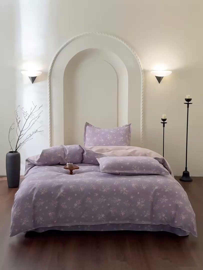 91家纺网 家纺一手货源 找家纺 慕绸家纺（原萌宝老粗布厂家） 2025秋冬新款加厚纯棉磨毛印花四件套 紫藤花