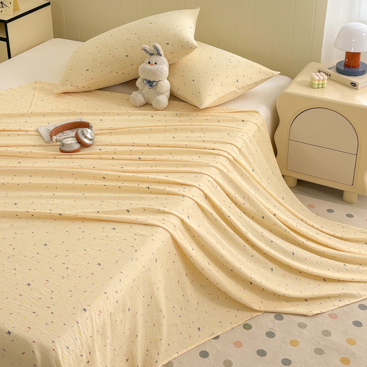 91家纺网 家纺一手货源 找家纺 青泽家纺 2025新款双层纱床单单品床单单件单床单 芝士奶酪