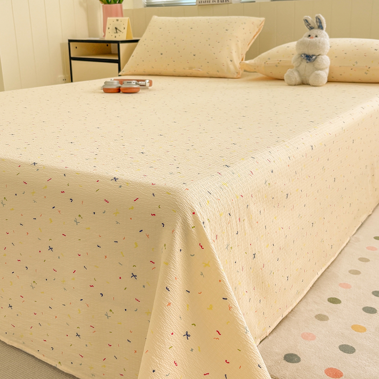 91家纺网 家纺一手货源 找家纺 （总）青泽家纺 2025新款水洗棉皱皱纱双层纱床单三件套