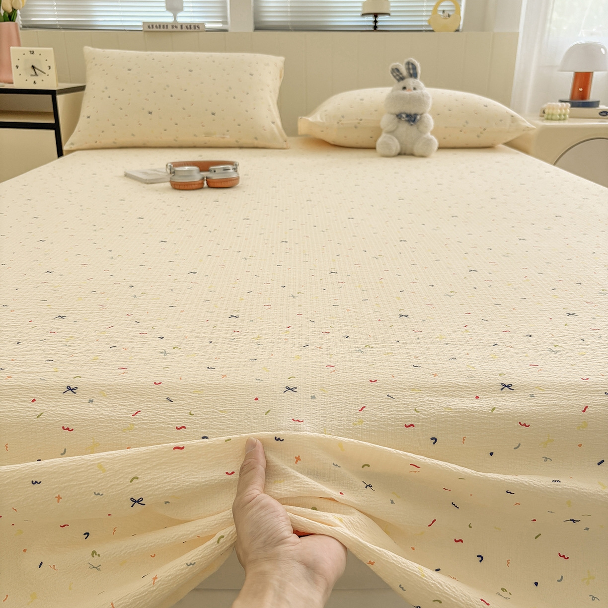 91家纺网 家纺一手货源 找家纺 （总）青泽家纺 2025新款水洗棉皱皱纱双层纱床单三件套