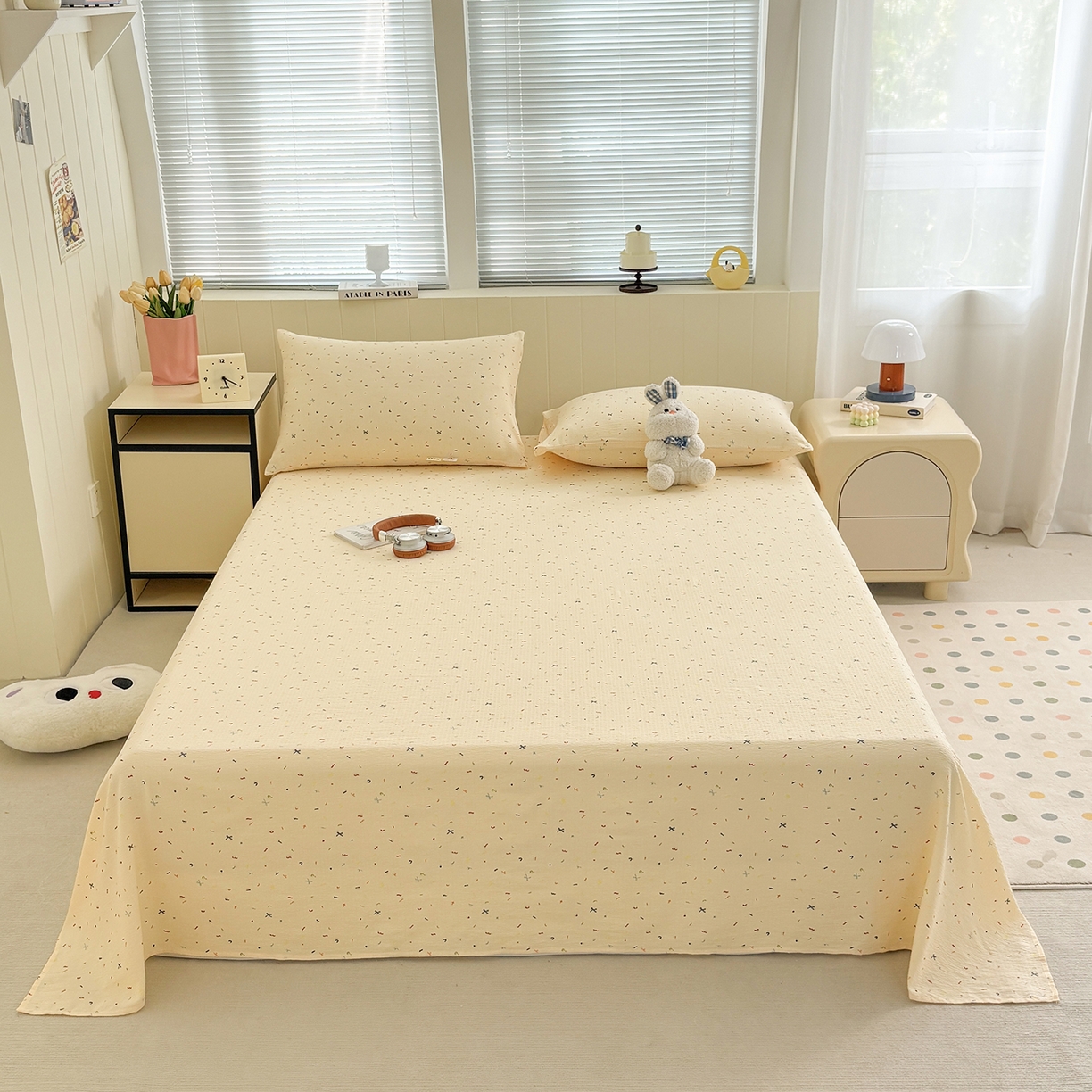 91家纺网 家纺一手货源 找家纺 （总）青泽家纺 2025新款水洗棉皱皱纱双层纱床单三件套