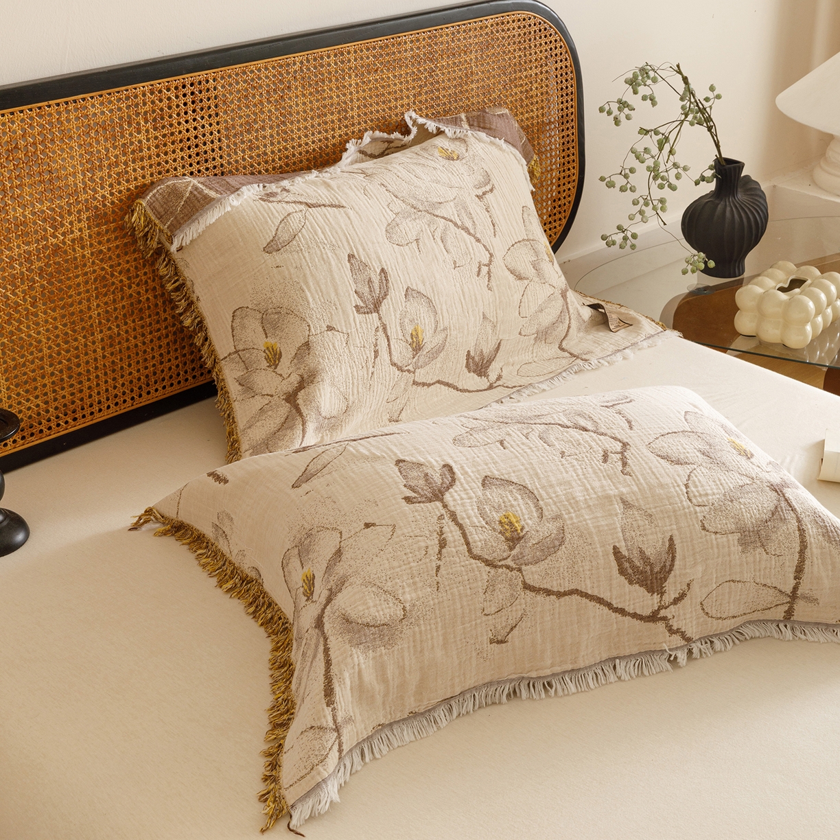 91家纺网 家纺一手货源 找家纺 朴尔家纺-毛巾被 2025新款全棉流苏巨大尺寸60S纱布枕巾 春木兰 60x80cm枕巾/对