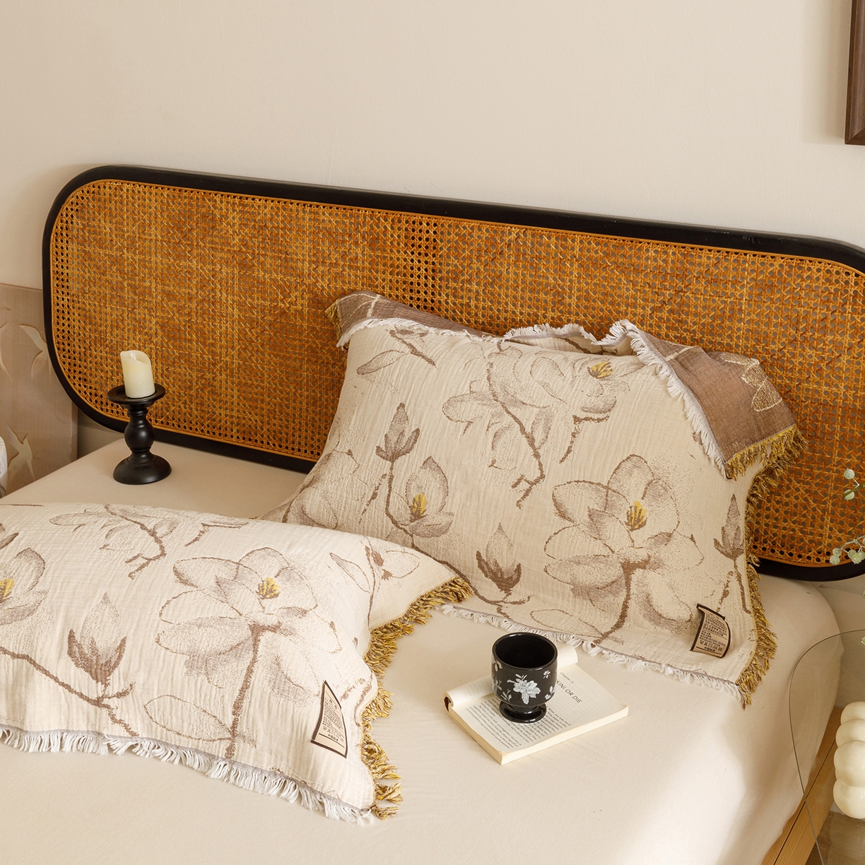 91家纺网 家纺一手货源 找家纺 朴尔家纺-毛巾被 2025新款全棉流苏巨大尺寸60S纱布枕巾 春木兰 60x80cm枕巾/对