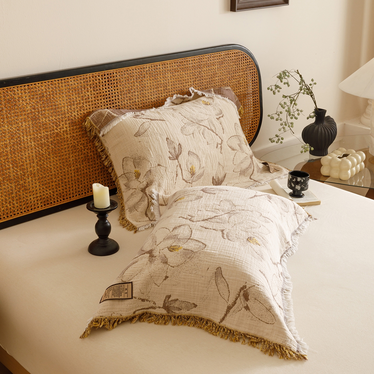 91家纺网 家纺一手货源 找家纺 朴尔家纺-毛巾被 2025新款全棉流苏巨大尺寸60S纱布枕巾 春木兰 60x80cm枕巾/对