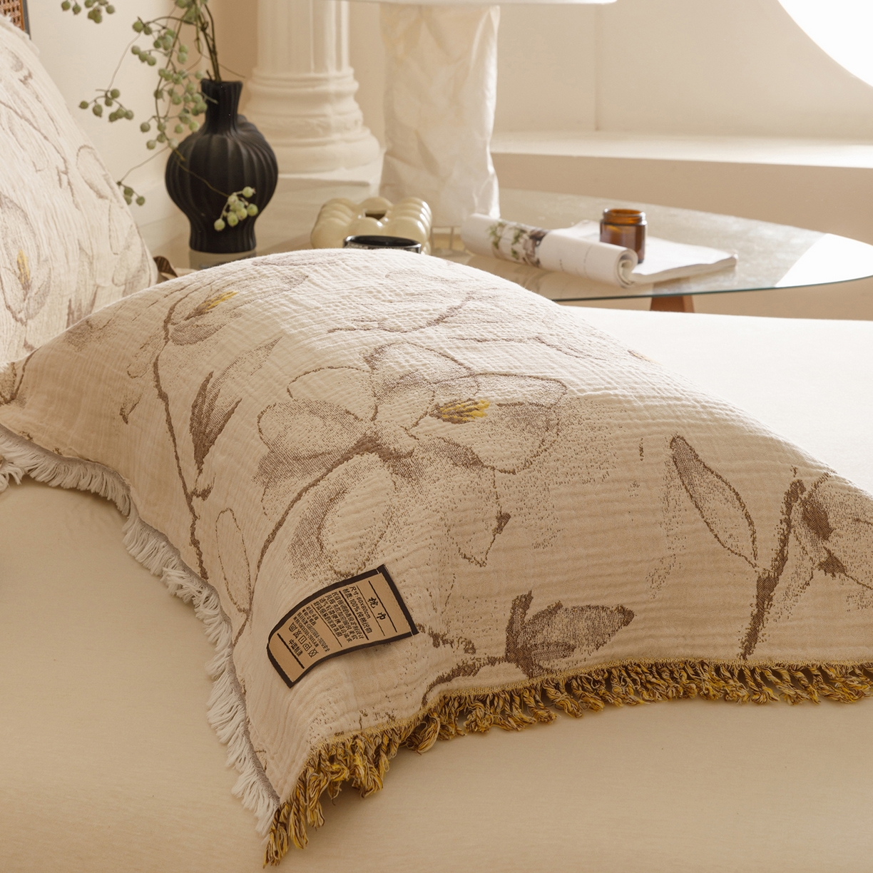 91家纺网 家纺一手货源 找家纺 朴尔家纺-毛巾被 2025新款全棉流苏巨大尺寸60S纱布枕巾 春木兰 60x80cm枕巾/对