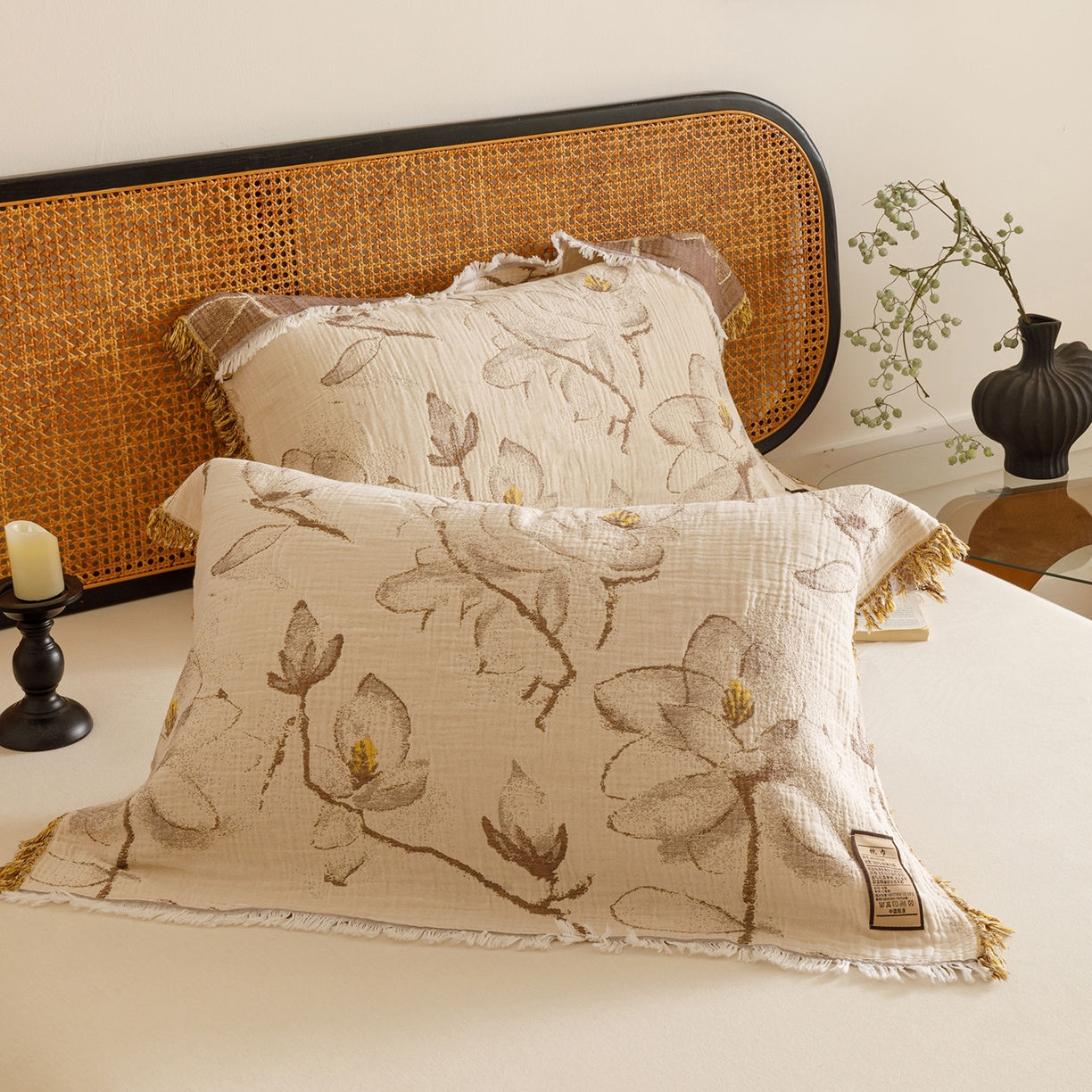 91家纺网 家纺一手货源 找家纺 朴尔家纺-毛巾被 2025新款全棉流苏巨大尺寸60S纱布枕巾 春木兰 60x80cm枕巾/对