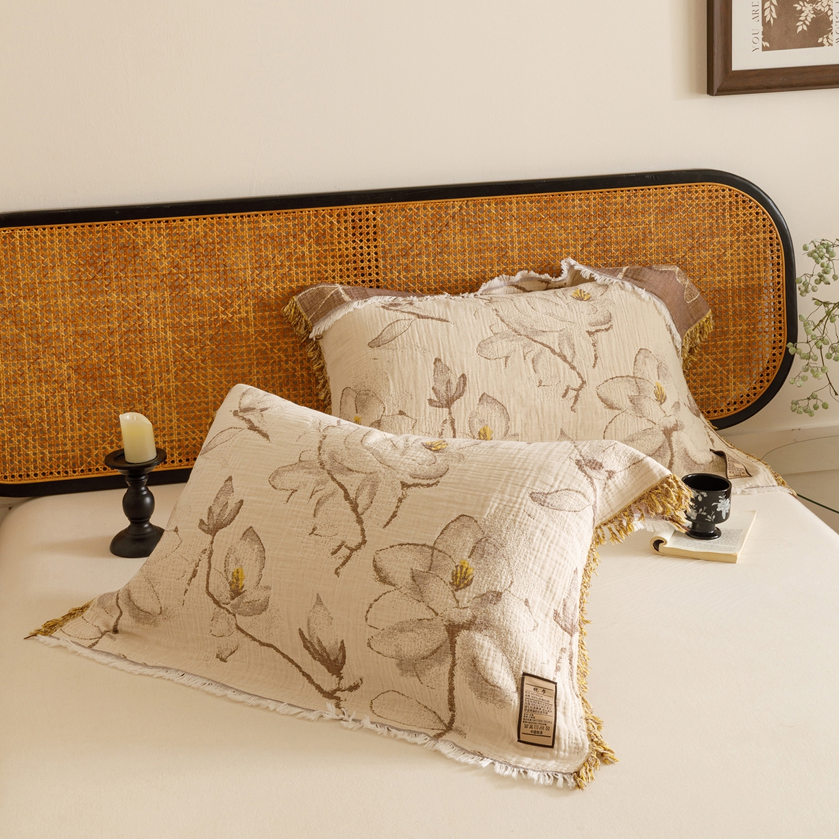 91家纺网 家纺一手货源 找家纺 朴尔家纺-毛巾被 2025新款全棉流苏巨大尺寸60S纱布枕巾 春木兰 60x80cm枕巾/对