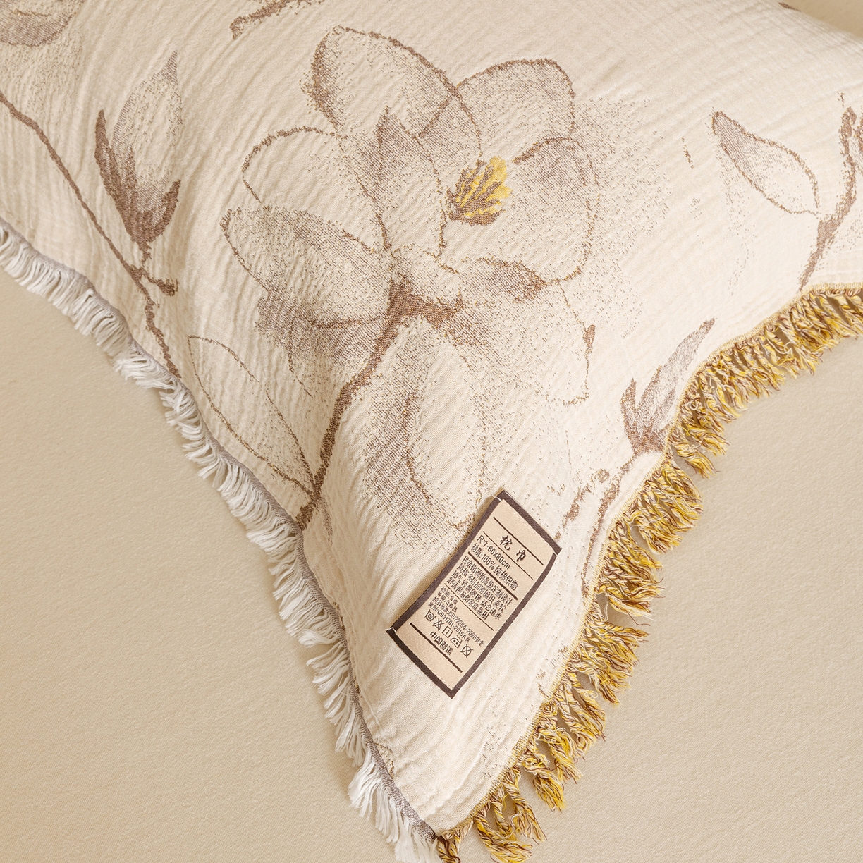 91家纺网 家纺一手货源 找家纺 朴尔家纺-毛巾被 2025新款全棉流苏巨大尺寸60S纱布枕巾 春木兰 60x80cm枕巾/对