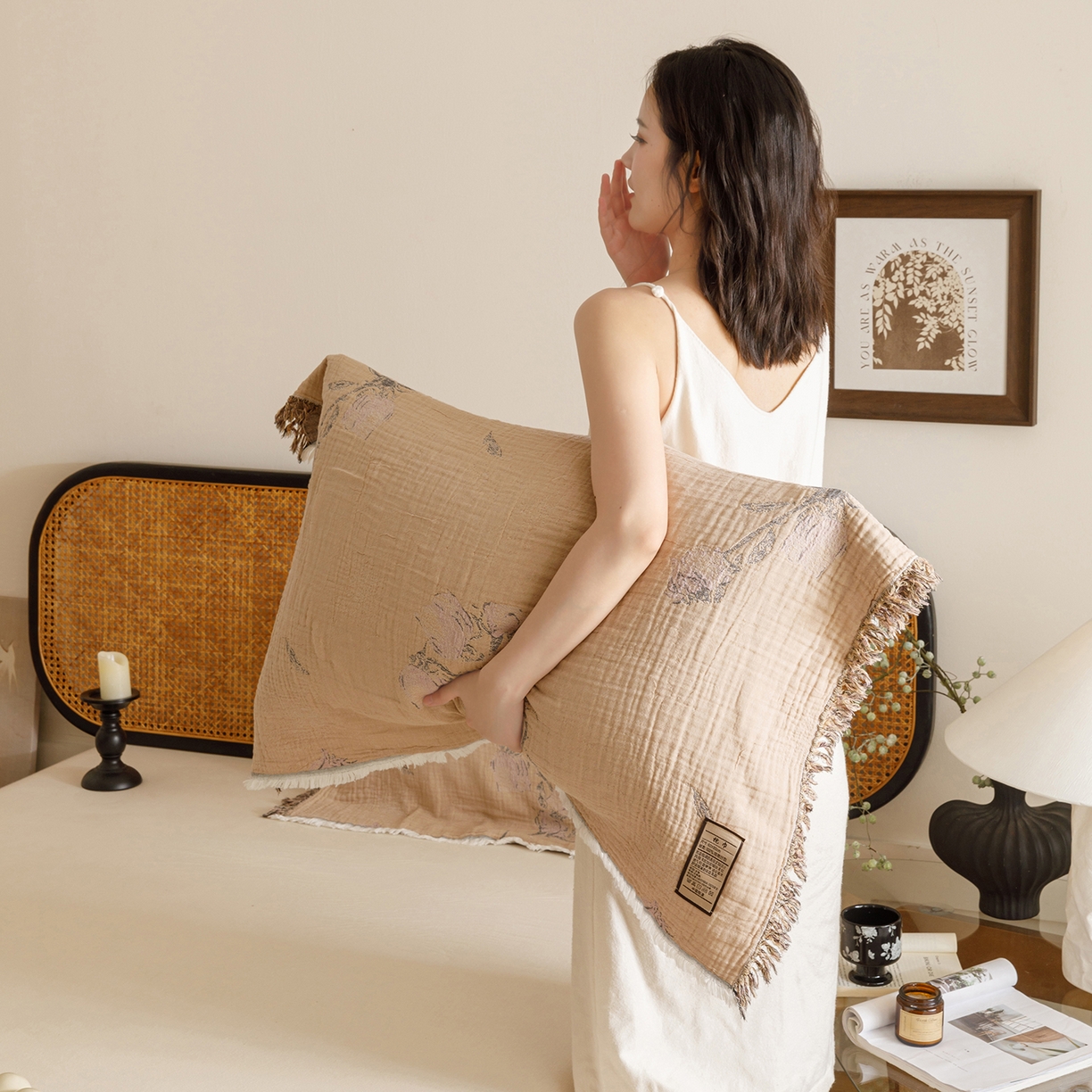 91家纺网 家纺一手货源 找家纺 朴尔家纺-毛巾被 2025新款全棉流苏巨大尺寸60S纱布枕巾 花饰 60x80cm枕巾/对