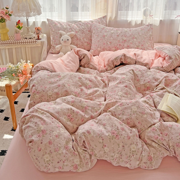 91家纺网 家纺一手货源 找家纺 海岛哥哥 2025新款木棉高克重超柔四件套 花似锦-豆沙