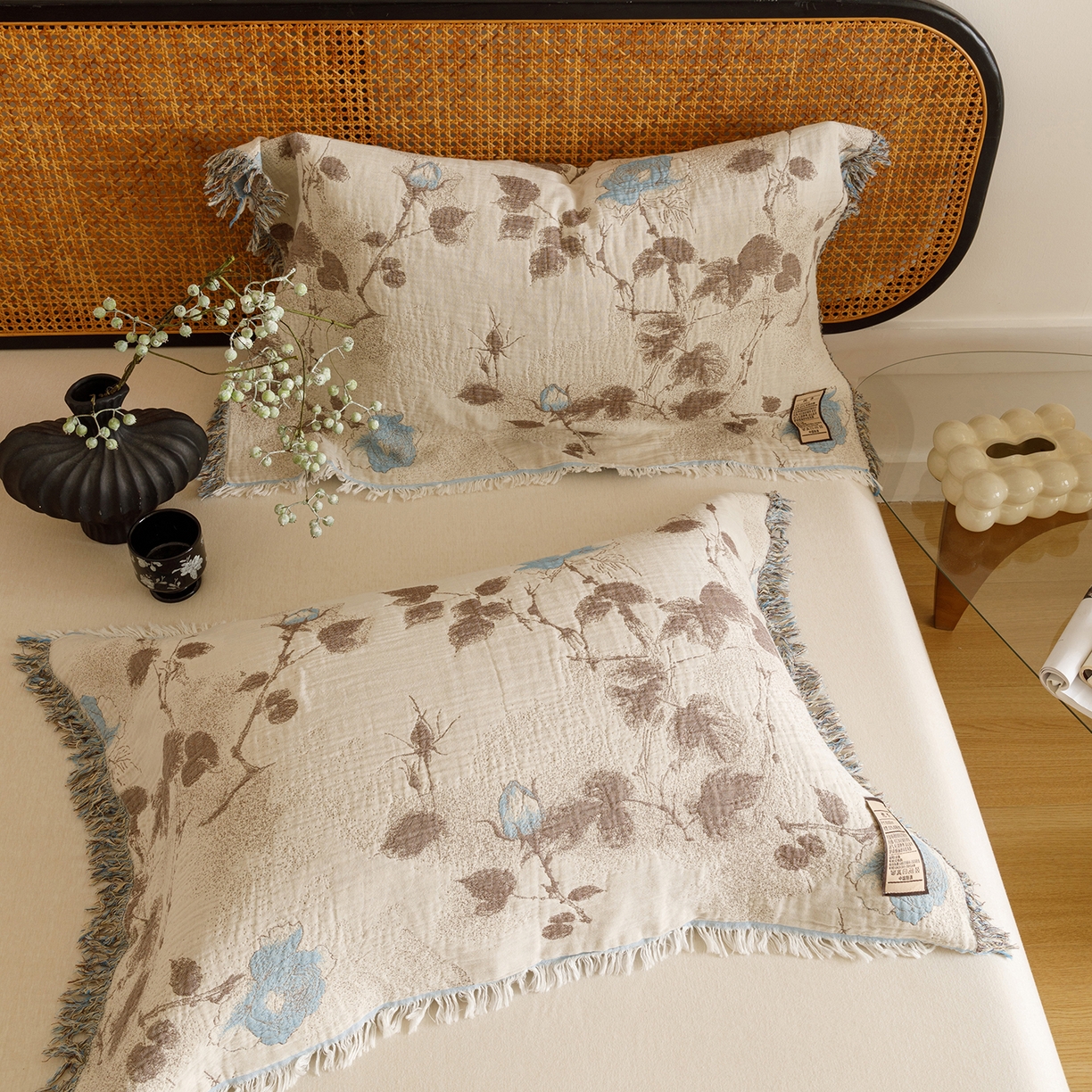 91家纺网 家纺一手货源 找家纺 朴尔家纺-毛巾被 2025新款全棉流苏巨大尺寸60S纱布枕巾 蓝色随想 60x80cm枕巾/对