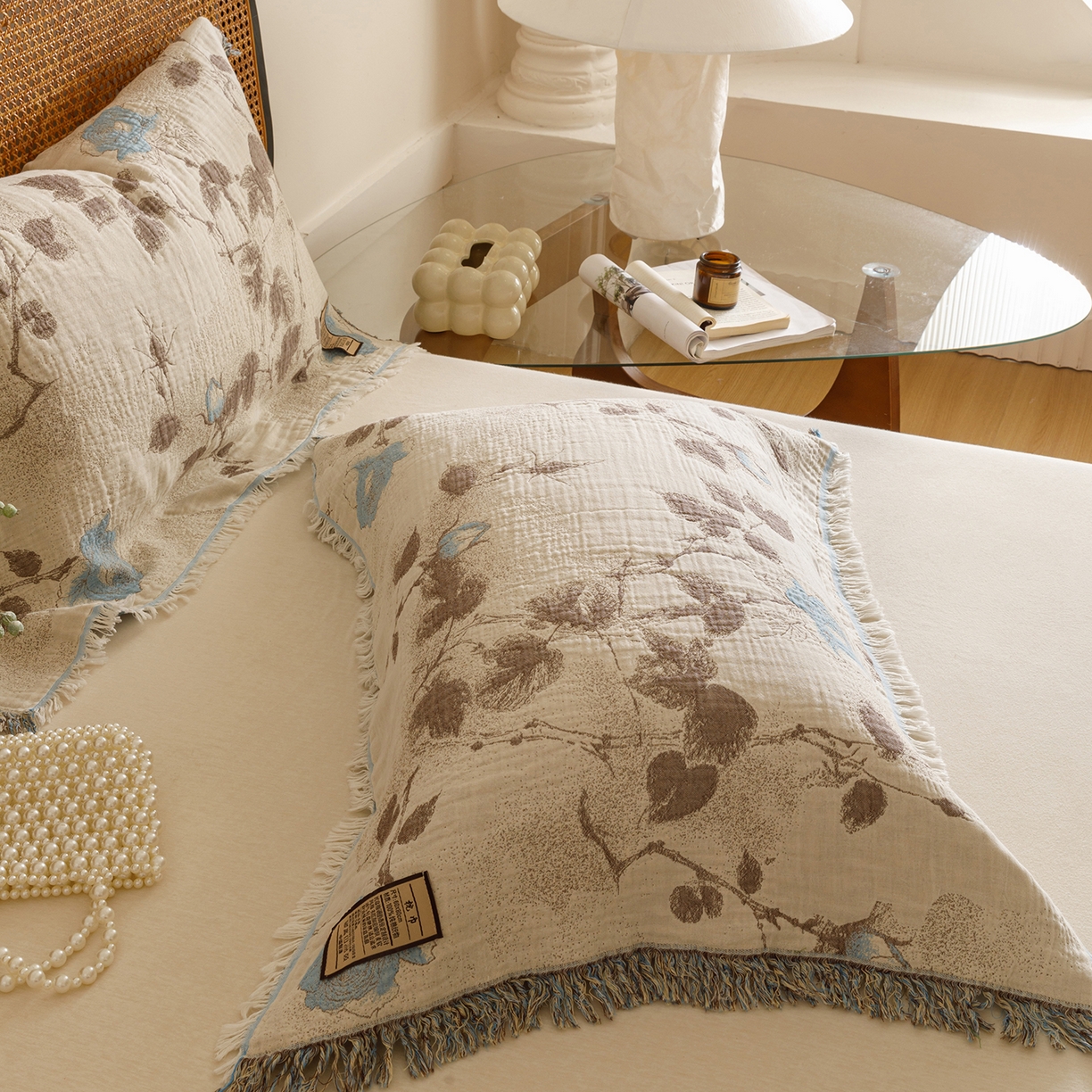 91家纺网 家纺一手货源 找家纺 朴尔家纺-毛巾被 2025新款全棉流苏巨大尺寸60S纱布枕巾 蓝色随想 60x80cm枕巾/对