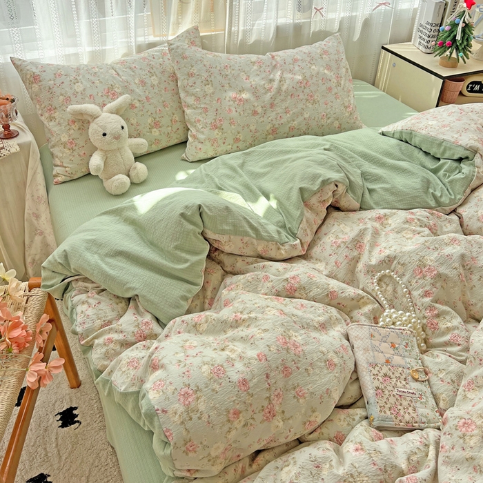 91家纺网 家纺一手货源 找家纺 海岛哥哥 2025新款木棉高克重超柔四件套 花似锦-绿