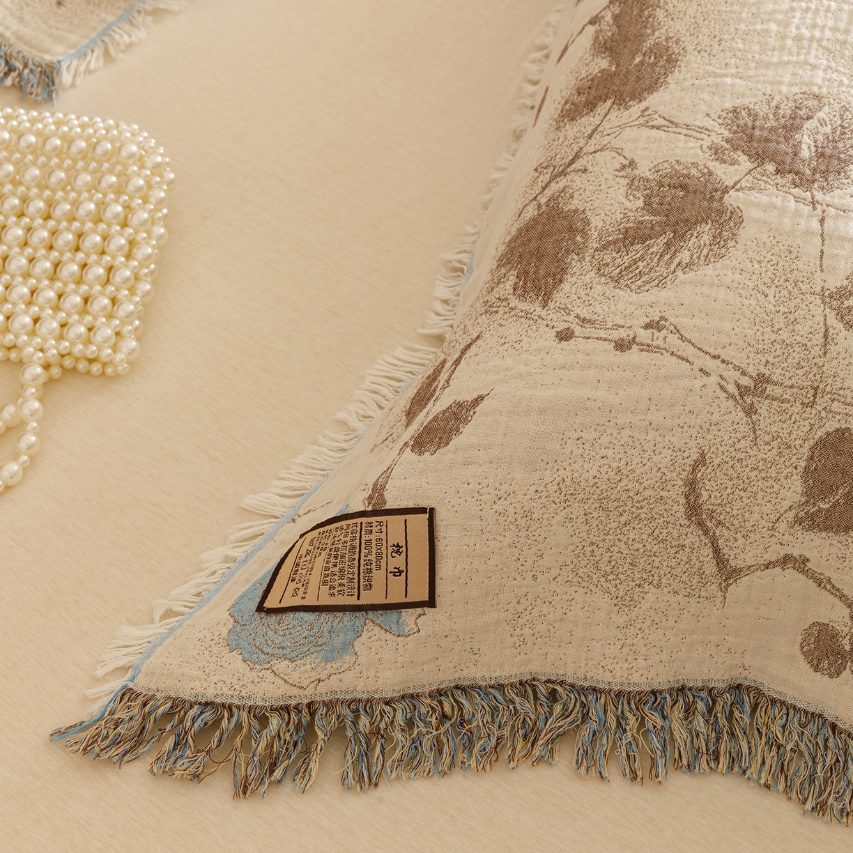 91家纺网 家纺一手货源 找家纺 朴尔家纺-毛巾被 2025新款全棉流苏巨大尺寸60S纱布枕巾 蓝色随想 60x80cm枕巾/对