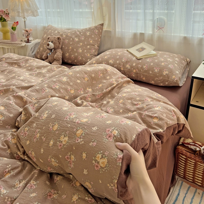 91家纺网 家纺一手货源 找家纺 海岛哥哥 2025新款木棉高克重超柔四件套 玫瑰花海-咖