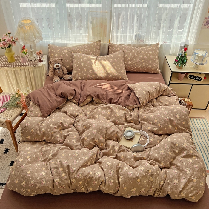 91家纺网 家纺一手货源 找家纺 海岛哥哥 2025新款木棉高克重超柔四件套 玫瑰花海-咖