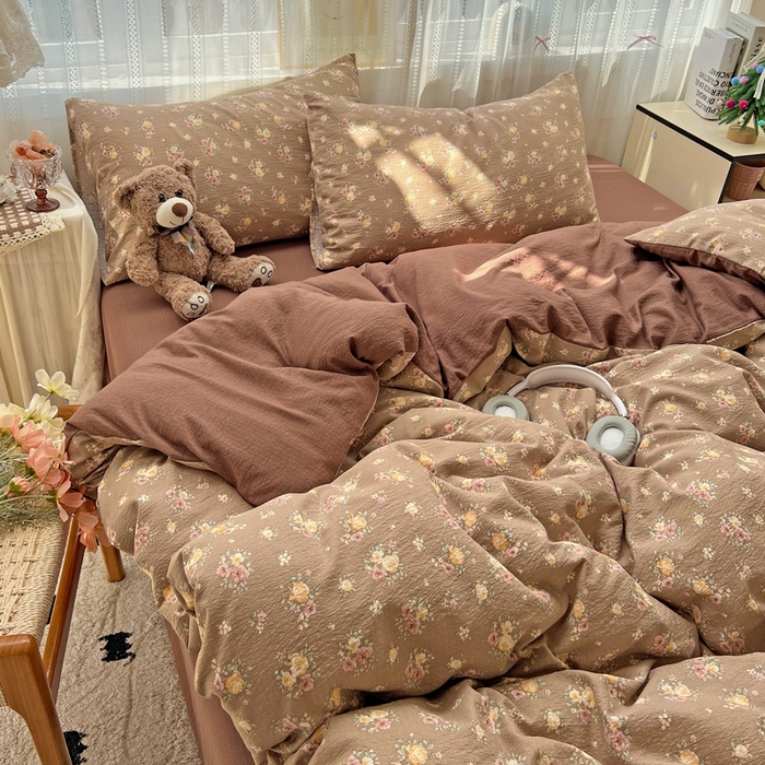 91家纺网 家纺一手货源 找家纺 海岛哥哥 2025新款木棉高克重超柔四件套 玫瑰花海-咖