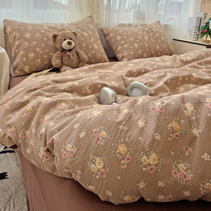 91家纺网 家纺一手货源 找家纺 海岛哥哥 2025新款木棉高克重超柔四件套 玫瑰花海-咖