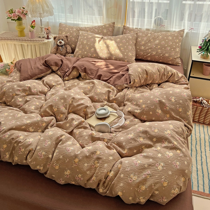 91家纺网 家纺一手货源 找家纺 海岛哥哥 2025新款木棉高克重超柔四件套 玫瑰花海-咖