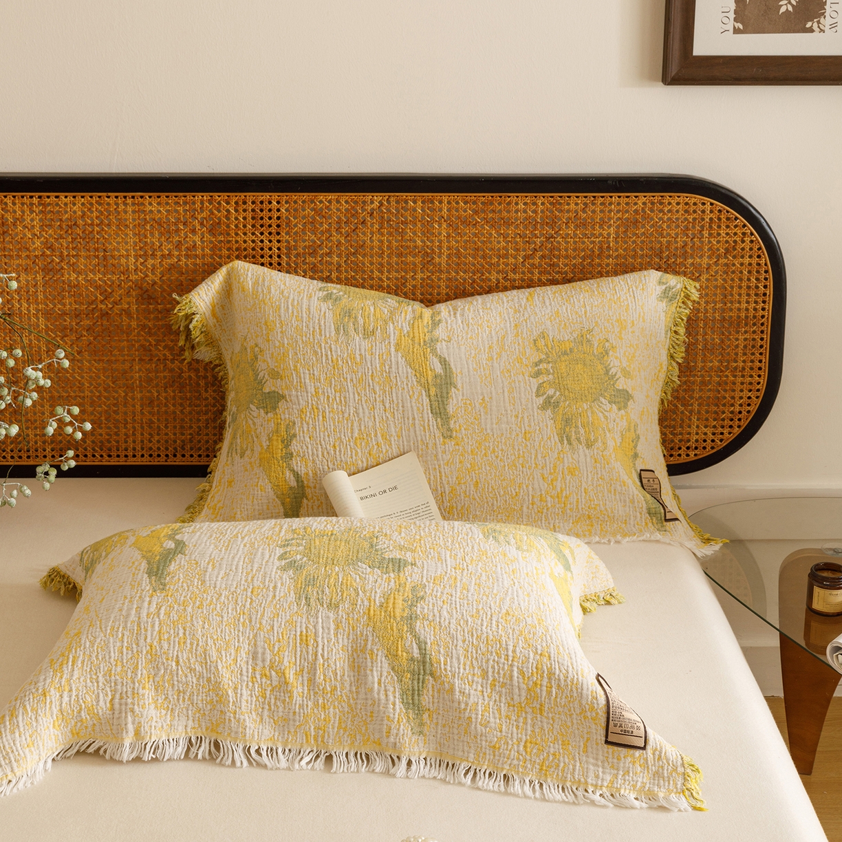 91家纺网 家纺一手货源 找家纺 朴尔家纺-毛巾被 2025新款全棉流苏巨大尺寸60S纱布枕巾 暖阳-黄 60x80cm枕巾/对