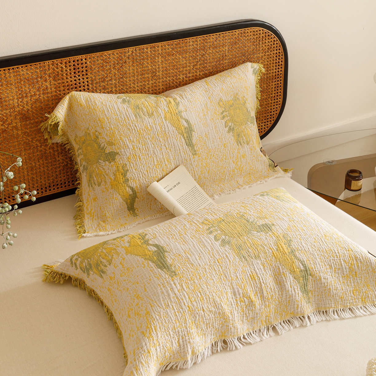 91家纺网 家纺一手货源 找家纺 朴尔家纺-毛巾被 2025新款全棉流苏巨大尺寸60S纱布枕巾 暖阳-黄 60x80cm枕巾/对