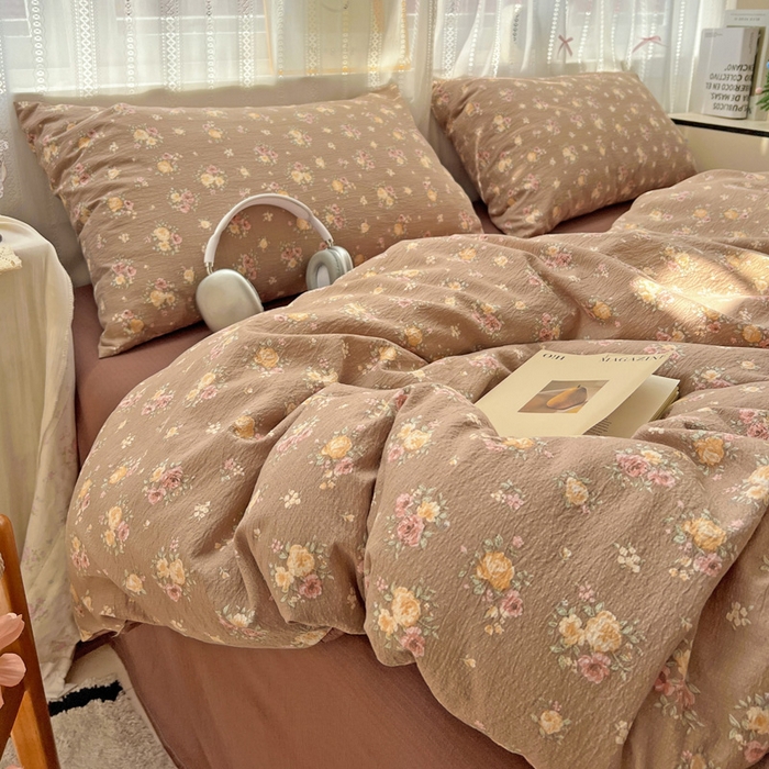 91家纺网 家纺一手货源 找家纺 海岛哥哥 2025新款木棉高克重超柔四件套 玫瑰花海-咖