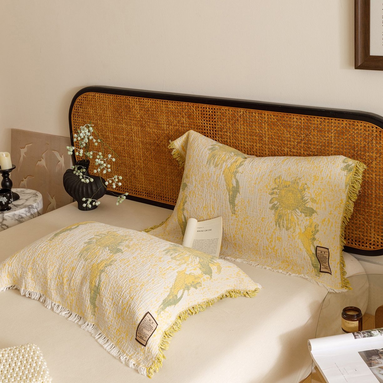 91家纺网 家纺一手货源 找家纺 朴尔家纺-毛巾被 2025新款全棉流苏巨大尺寸60S纱布枕巾 暖阳-黄 60x80cm枕巾/对