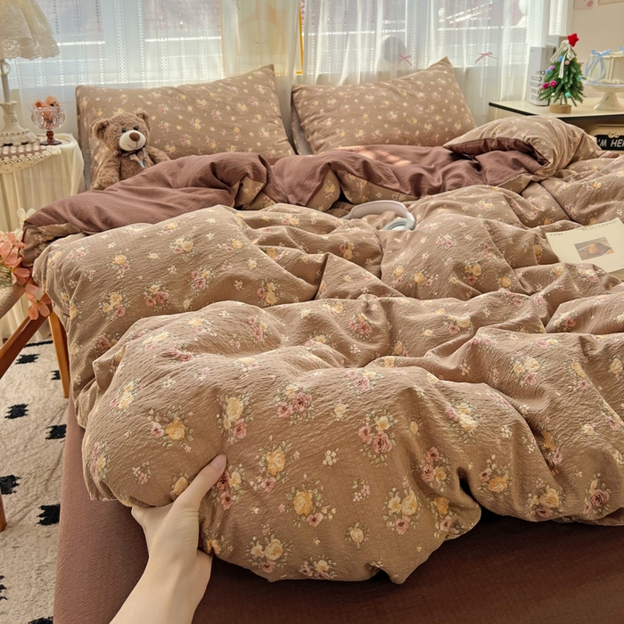 91家纺网 家纺一手货源 找家纺 海岛哥哥 2025新款木棉高克重超柔四件套 玫瑰花海-咖