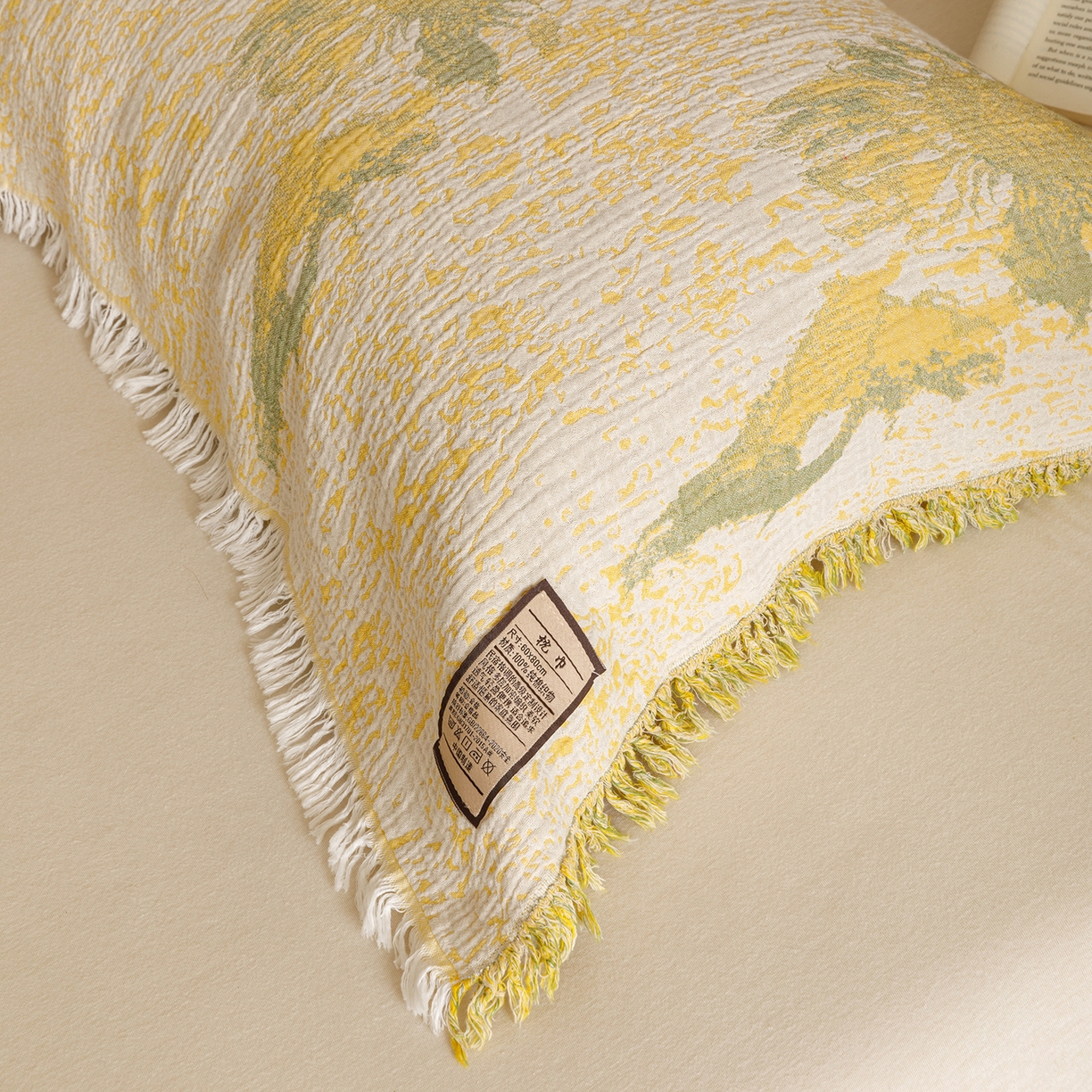 91家纺网 家纺一手货源 找家纺 朴尔家纺-毛巾被 2025新款全棉流苏巨大尺寸60S纱布枕巾 暖阳-黄 60x80cm枕巾/对