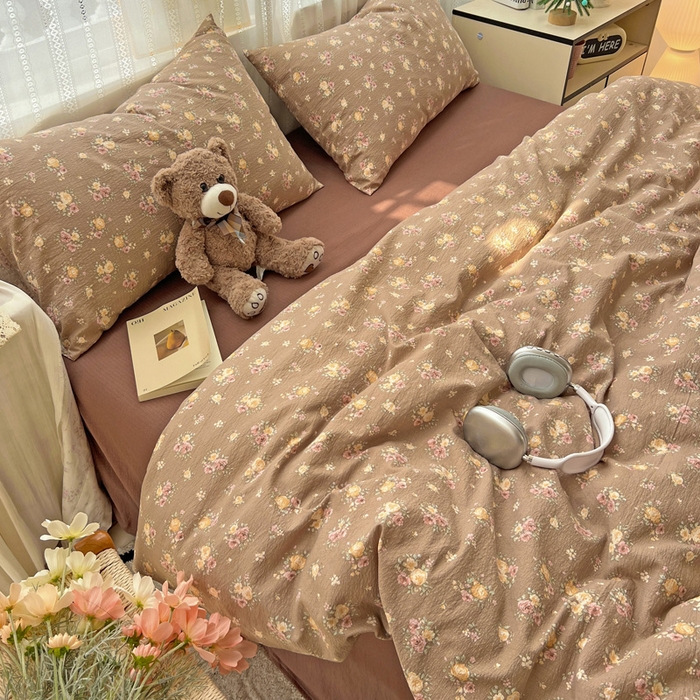 91家纺网 家纺一手货源 找家纺 海岛哥哥 2025新款木棉高克重超柔四件套 玫瑰花海-咖