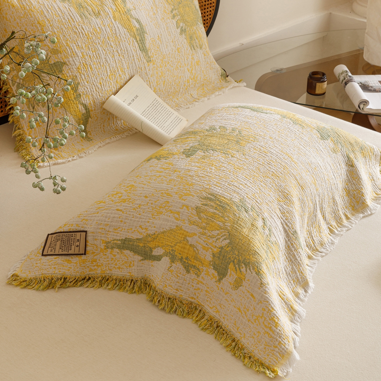 91家纺网 家纺一手货源 找家纺 朴尔家纺-毛巾被 2025新款全棉流苏巨大尺寸60S纱布枕巾 暖阳-黄 60x80cm枕巾/对