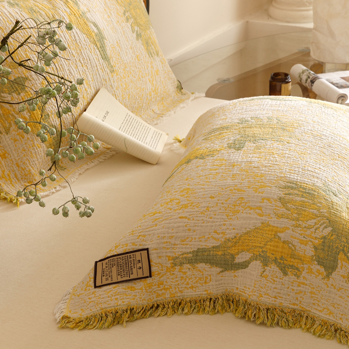 91家纺网 家纺一手货源 找家纺 朴尔家纺-毛巾被 2025新款全棉流苏巨大尺寸60S纱布枕巾 暖阳-黄 60x80cm枕巾/对