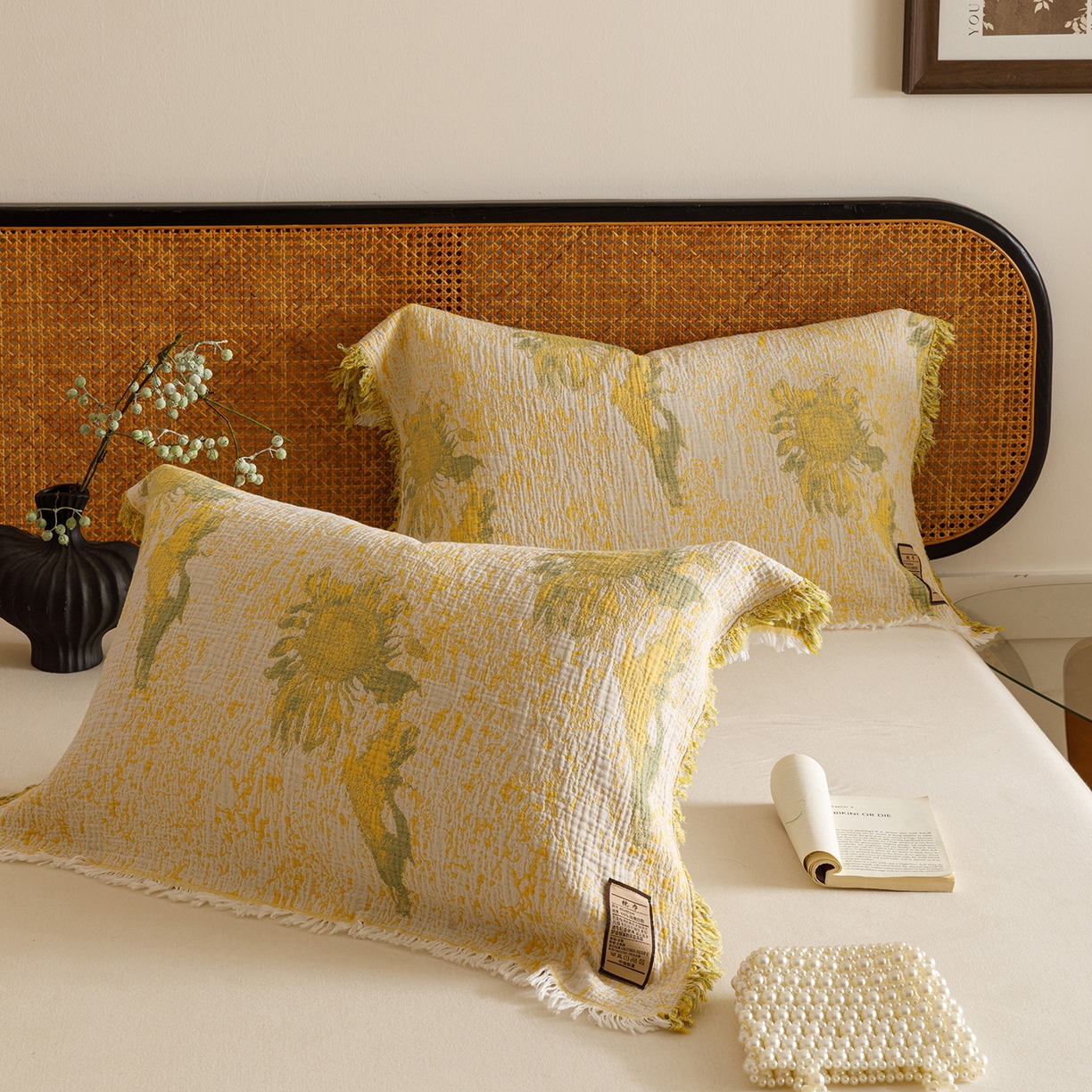 91家纺网 家纺一手货源 找家纺 朴尔家纺-毛巾被 2025新款全棉流苏巨大尺寸60S纱布枕巾 暖阳-黄 60x80cm枕巾/对