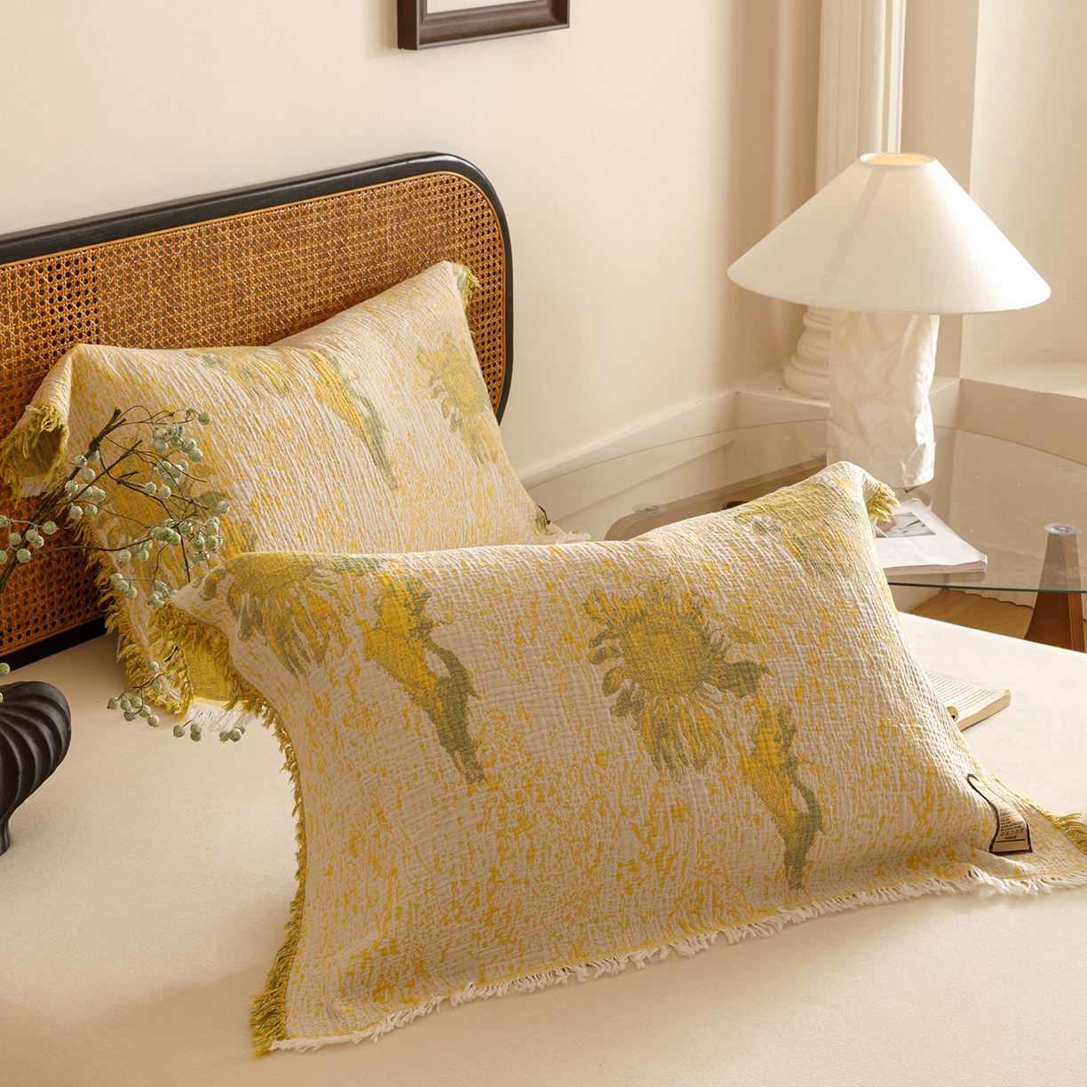 91家纺网 家纺一手货源 找家纺 朴尔家纺-毛巾被 2025新款全棉流苏巨大尺寸60S纱布枕巾 暖阳-黄 60x80cm枕巾/对