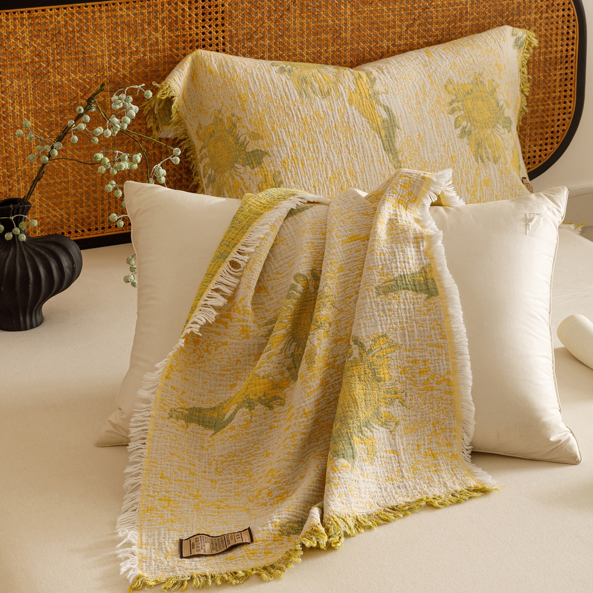 91家纺网 家纺一手货源 找家纺 朴尔家纺-毛巾被 2025新款全棉流苏巨大尺寸60S纱布枕巾 暖阳-黄 60x80cm枕巾/对