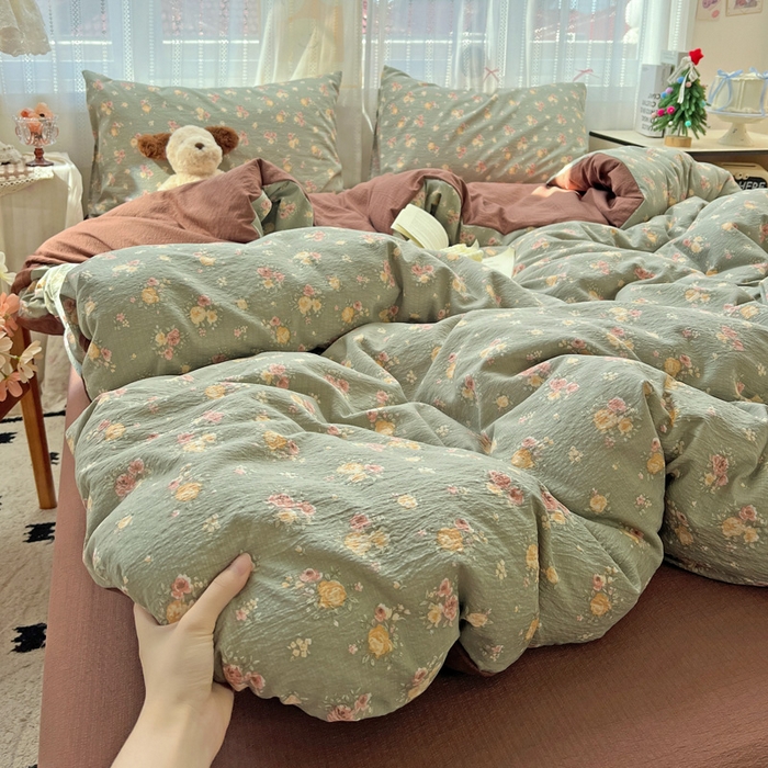 91家纺网 家纺一手货源 找家纺 海岛哥哥 2025新款木棉高克重超柔四件套 玫瑰花海-墨绿