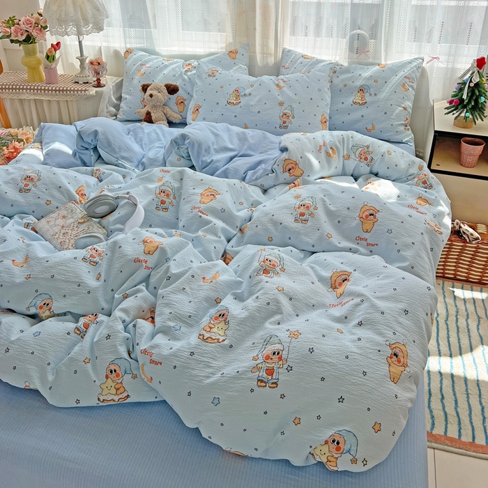 91家纺网 家纺一手货源 找家纺 海岛哥哥 2025新款木棉高克重超柔四件套 萌萌星星人-蓝