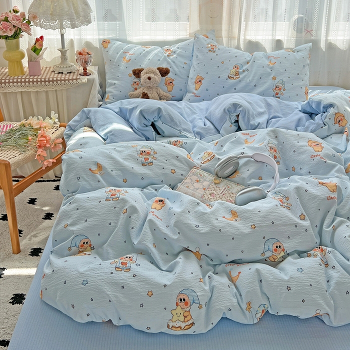 91家纺网 家纺一手货源 找家纺 海岛哥哥 2025新款木棉高克重超柔四件套 萌萌星星人-蓝