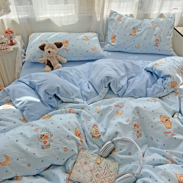 91家纺网 家纺一手货源 找家纺 海岛哥哥 2025新款木棉高克重超柔四件套 萌萌星星人-蓝