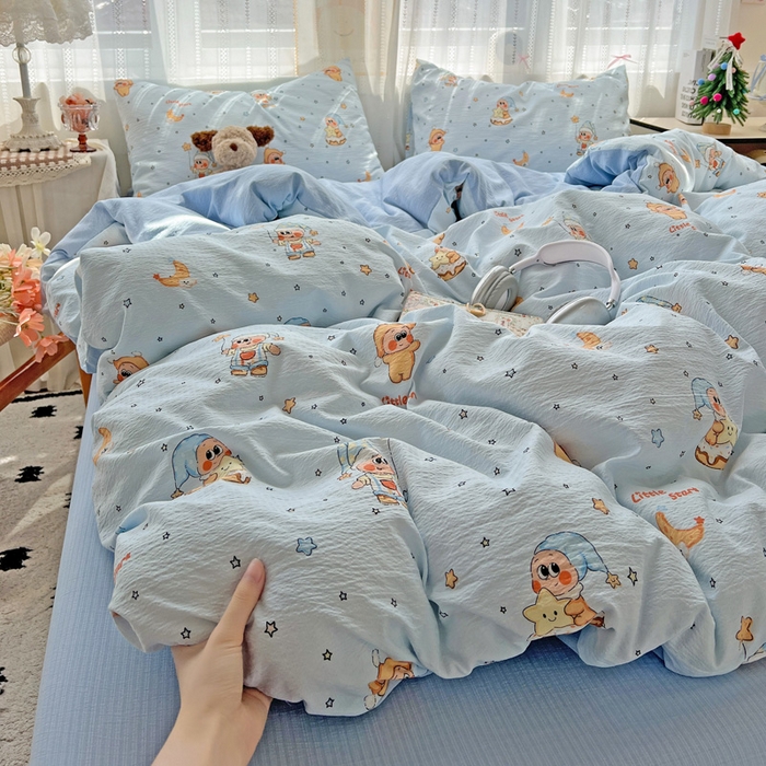 91家纺网 家纺一手货源 找家纺 海岛哥哥 2025新款木棉高克重超柔四件套 萌萌星星人-蓝