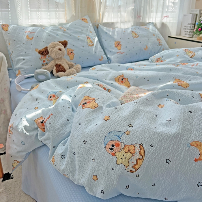 91家纺网 家纺一手货源 找家纺 海岛哥哥 2025新款木棉高克重超柔四件套 萌萌星星人-蓝