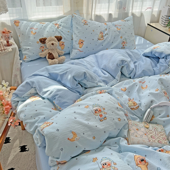 91家纺网 家纺一手货源 找家纺 海岛哥哥 2025新款木棉高克重超柔四件套 萌萌星星人-蓝