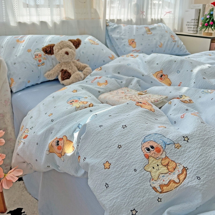 91家纺网 家纺一手货源 找家纺 海岛哥哥 2025新款木棉高克重超柔四件套 萌萌星星人-蓝