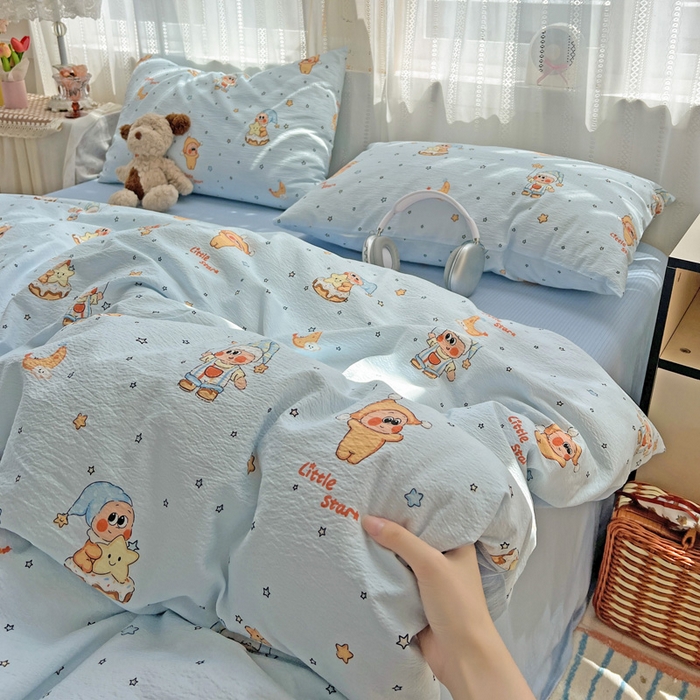 91家纺网 家纺一手货源 找家纺 海岛哥哥 2025新款木棉高克重超柔四件套 萌萌星星人-蓝