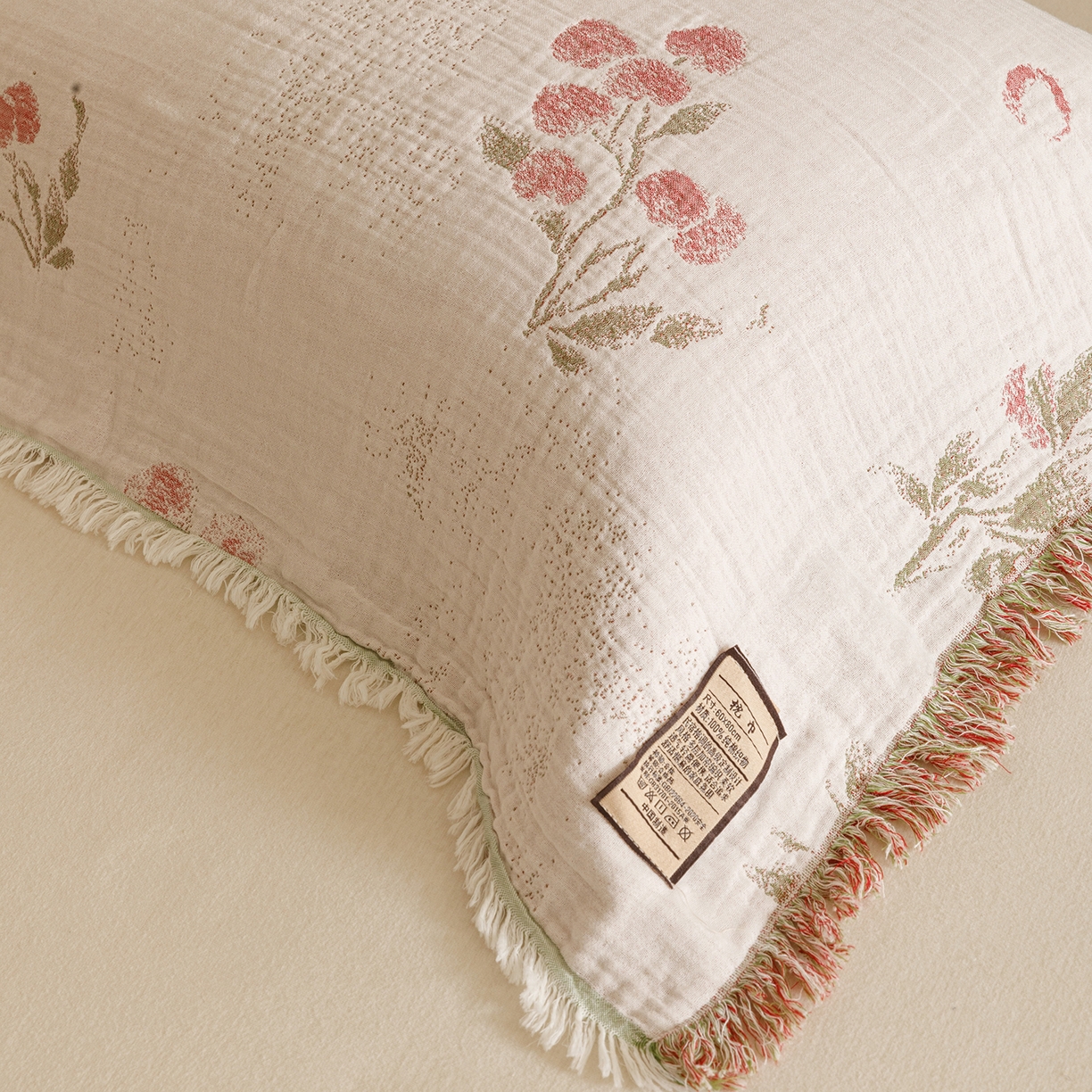 91家纺网 家纺一手货源 找家纺 朴尔家纺-毛巾被 2025新款全棉流苏巨大尺寸60S纱布枕巾 芝芝莓 60x80cm枕巾/对