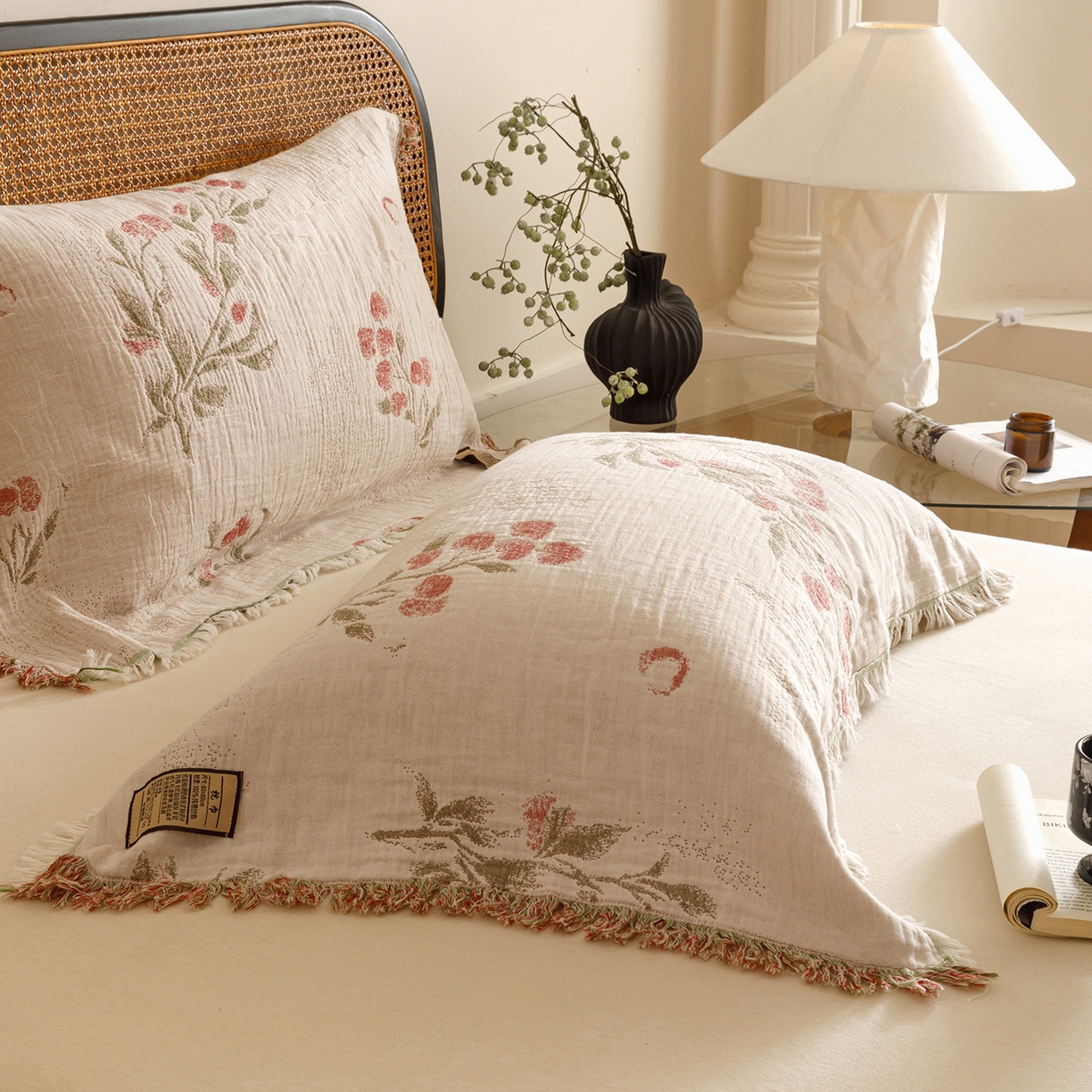 91家纺网 家纺一手货源 找家纺 朴尔家纺-毛巾被 2025新款全棉流苏巨大尺寸60S纱布枕巾 芝芝莓 60x80cm枕巾/对