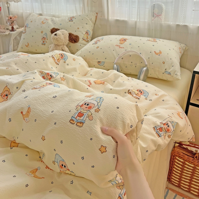 91家纺网 家纺一手货源 找家纺 海岛哥哥 2025新款木棉高克重超柔四件套 萌萌星星人-米