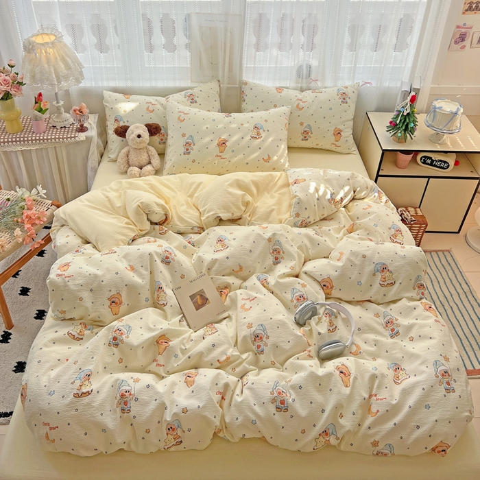 91家纺网 家纺一手货源 找家纺 海岛哥哥 2025新款木棉高克重超柔四件套 萌萌星星人-米